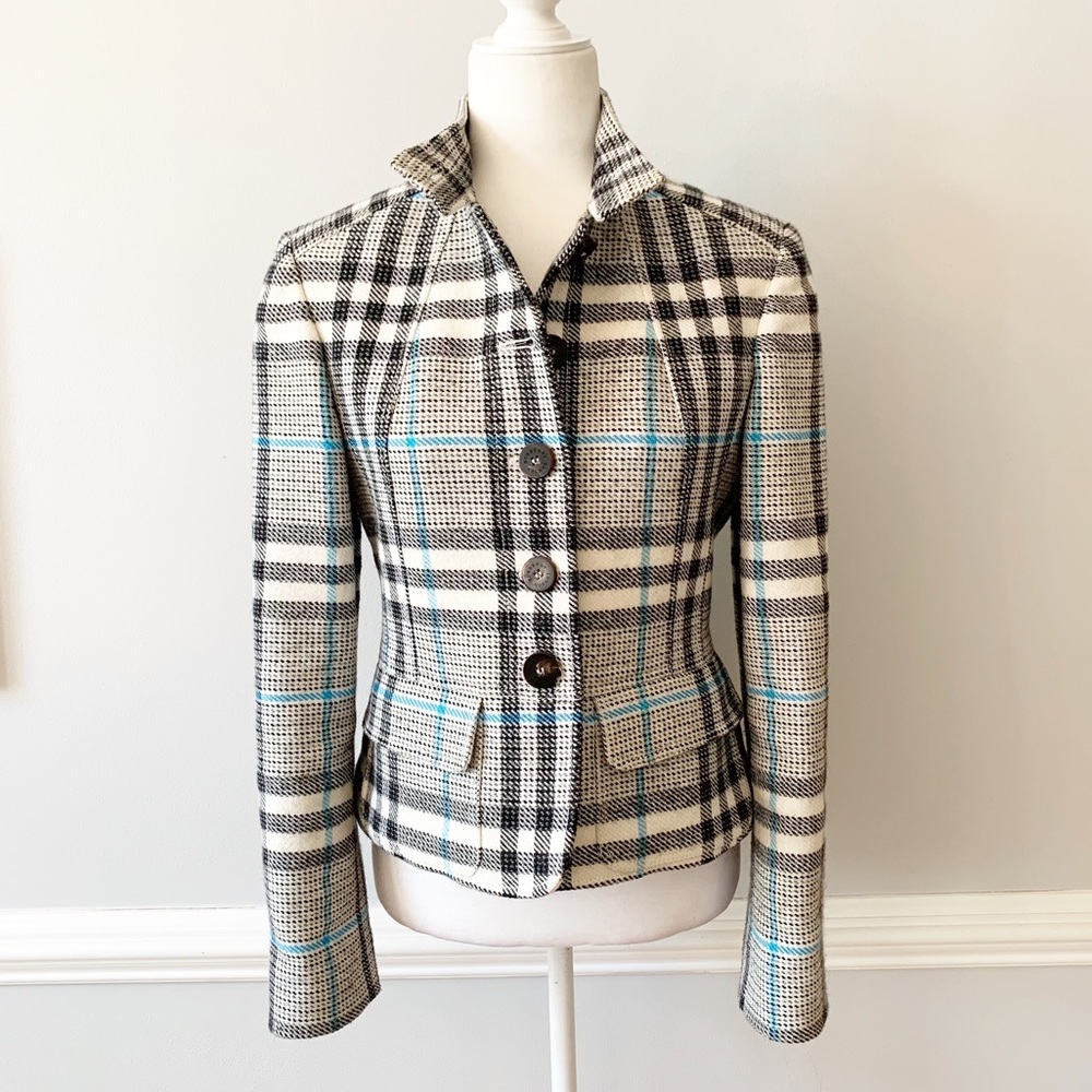 Burberry Tailored Plaid Women's Jacket - Cream & Black with Teal Accents